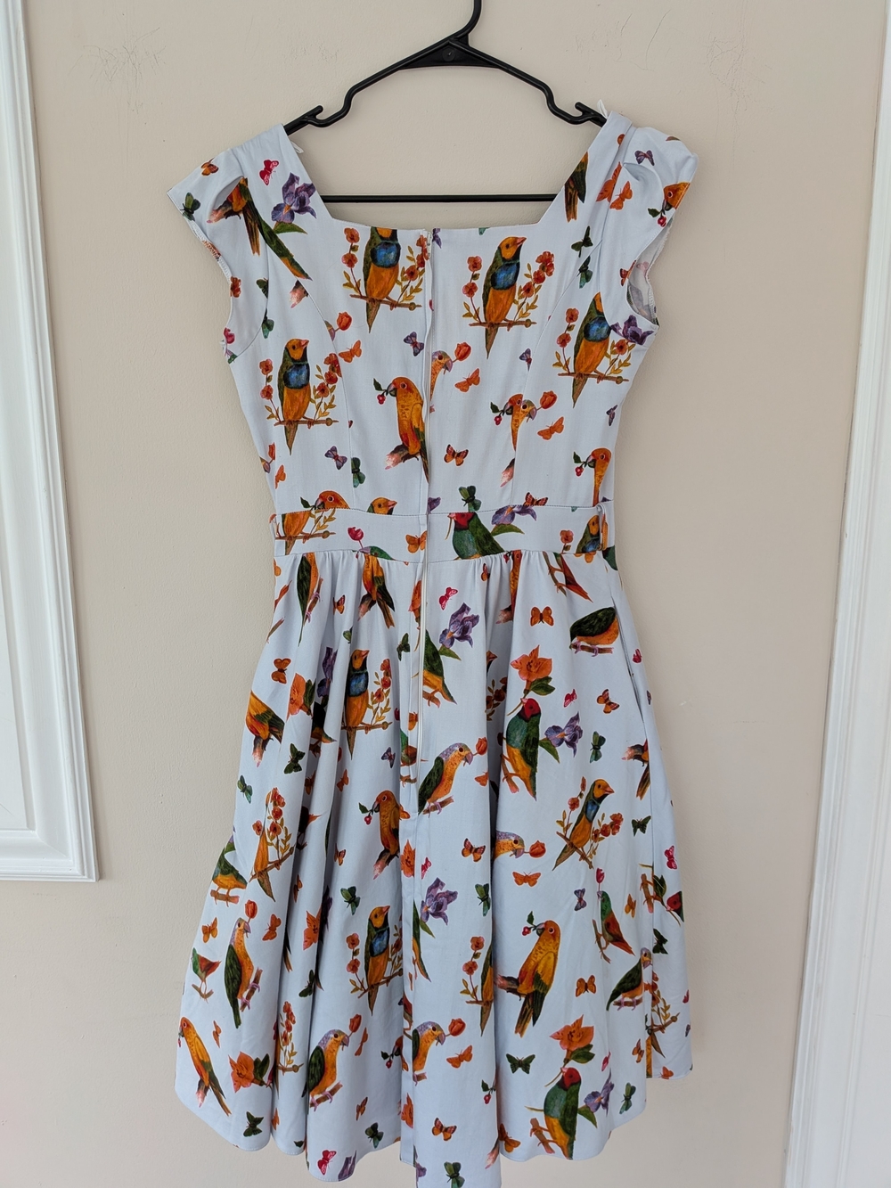 Blue Bird-Print Midi Dress - Classic Square Neck - Picture 4 of 14